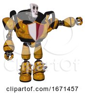 Droid Containing Humanoid Face Mask And Skeleton War Paint And Heavy Upper Chest And Red Shield Defense Design And Light Leg Exoshielding And Spike Foot Mod Worn Construction Yellow