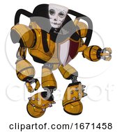Poster, Art Print Of Droid Containing Humanoid Face Mask And Skeleton War Paint And Heavy Upper Chest And Red Shield Defense Design And Light Leg Exoshielding And Spike Foot Mod Worn Construction Yellow