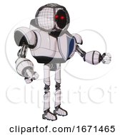 Poster, Art Print Of Android Containing Round Barbed Wire Round Head And Heavy Upper Chest And Blue Shield Defense Design And Ultralight Foot Exosuit White Halftone Toon Interacting