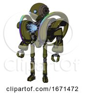 Robot Containing Oval Wide Head And Blue Eyes And Steampunk Iron Bands With Bolts And Heavy Upper Chest And Heavy Mech Chest And Spectrum Fusion Core Chest And Ultralight Foot Exosuit