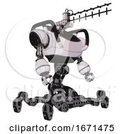 Poster, Art Print Of Robot Containing Dual Retro Camera Head And Wireless Internet Transmitter Head And Heavy Upper Chest And Insect Walker Legs White Halftone Toon Facing Left View