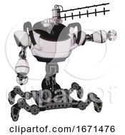 Robot Containing Dual Retro Camera Head And Wireless Internet Transmitter Head And Heavy Upper Chest And Insect Walker Legs White Halftone Toon Pointing Left Or Pushing A Button