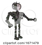 Poster, Art Print Of Android Containing Humanoid Face Mask And Heavy Upper Chest And No Chest Plating And Ultralight Foot Exosuit Old Corroded Copper Interacting