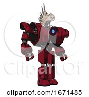 Poster, Art Print Of Bot Containing Bird Skull Head And White Eyeballs And Heavy Upper Chest And Heavy Mech Chest And Blue Energy Fission Element Chest And Prototype Exoplate Legs Fire Engine Red Halftone Hero Pose