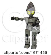 Robot Containing Grey Alien Style Head And Yellow Eyes With Blue Pupils And Alien Bug Creature Hat And Light Chest Exoshielding And Chest Green Blue Lights Array And Rocket Pack 