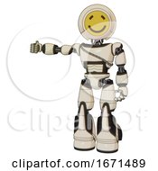 Poster, Art Print Of Robot Containing Round Head Yellow Happy Face And Light Chest Exoshielding And Cable Sash And Light Leg Exoshielding And Stomper Foot Mod Off White Toon Arm Out Holding Invisible Object