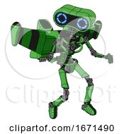 Poster, Art Print Of Mech Containing Dual Retro Camera Head And Retro 80s Head And Light Chest Exoshielding And Stellar Jet Wing Rocket Pack And No Chest Plating And Ultralight Foot Exosuit Secondary Green Halftone