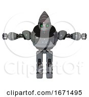 Poster, Art Print Of Bot Containing Grey Alien Style Head And Green Inset Eyes And Heavy Upper Chest And Triangle Of Blue Leds And Prototype Exoplate Legs Patent Concrete Gray Metal T-Pose