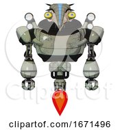Poster, Art Print Of Cyborg Containing Bird Skull Head And Big Yellow Eyes And Head Shield Design And Heavy Upper Chest And Shoulder Headlights And Jet Propulsion Green Metal Front View