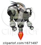 Poster, Art Print Of Cyborg Containing Bird Skull Head And Big Yellow Eyes And Head Shield Design And Heavy Upper Chest And Shoulder Headlights And Jet Propulsion Green Metal Facing Left View