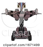 Mech Containing Bird Skull Head And Yellow Led Protruding Eyes And Head Shield Design And Light Chest Exoshielding And Ultralight Chest Exosuit And Stellar Jet Wing Rocket Pack And Six Wheeler Base