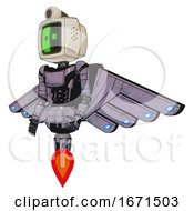 Cyborg Containing Old Computer Monitor And Abstract Mask Pixel Face And Retro Futuristic Webcam And Light Chest Exoshielding And Ultralight Chest Exosuit And Cherub Wings Design And Jet Propulsion