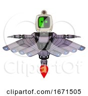 Poster, Art Print Of Cyborg Containing Old Computer Monitor And Abstract Mask Pixel Face And Retro-Futuristic Webcam And Light Chest Exoshielding And Ultralight Chest Exosuit And Cherub Wings Design And Jet Propulsion