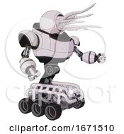Poster, Art Print Of Bot Containing Jellyfish Style Head Fiber Optic Tentacles And Heavy Upper Chest And Triangle Of Blue Leds And Six-Wheeler Base White Halftone Toon Interacting