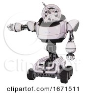 Poster, Art Print Of Bot Containing Jellyfish Style Head Fiber Optic Tentacles And Heavy Upper Chest And Triangle Of Blue Leds And Six-Wheeler Base White Halftone Toon Arm Out Holding Invisible Object