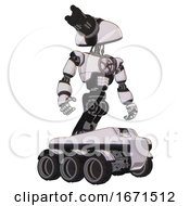 Poster, Art Print Of Android Containing Gatling Gun Face Design And Light Chest Exoshielding And Chest Valve Crank And Six-Wheeler Base White Halftone Toon Hero Pose