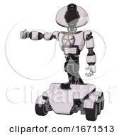 Poster, Art Print Of Android Containing Gatling Gun Face Design And Light Chest Exoshielding And Chest Valve Crank And Six-Wheeler Base White Halftone Toon Arm Out Holding Invisible Object