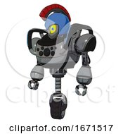 Bot Containing Grey Alien Style Head And Yellow Eyes With Blue Pupils And Galea Roman Soldier Ornament And Blue Helmet And Heavy Upper Chest And Chest Compound Eyes And Blue Strip Lights 