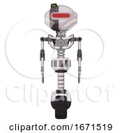 Poster, Art Print Of Cyborg Containing Oval Wide Head And Red Horizontal Visor And Green Led Ornament And Light Chest Exoshielding And No Chest Plating And Unicycle Wheel White Halftone Toon Front View