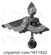 Poster, Art Print Of Bot Containing Grey Alien Style Head And Led Array Eyes And Light Chest Exoshielding And Blue Energy Core And Pilots Wings Assembly And Unicycle Wheel Patent Concrete Gray Metal Hero Pose