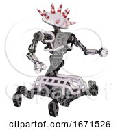 Poster, Art Print Of Bot Containing Red And White Cone Dome Head And Heavy Upper Chest And No Chest Plating And Insect Walker Legs White Halftone Toon Interacting