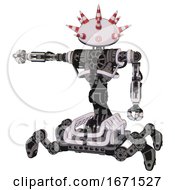 Poster, Art Print Of Bot Containing Red And White Cone Dome Head And Heavy Upper Chest And No Chest Plating And Insect Walker Legs White Halftone Toon Arm Out Holding Invisible Object