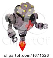 Poster, Art Print Of Cyborg Containing Many-Eyed Monster Head Design And Heavy Upper Chest And First Aid Chest Symbol And Jet Propulsion Dark Sketch Fight Or Defense Pose
