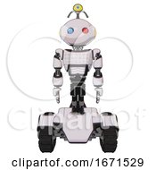 Poster, Art Print Of Robot Containing Oval Wide Head And Giant Blue And Red Led Eyes And Minibot Ornament And Light Chest Exoshielding And Chest Green Blue Lights Array And Tank Tracks White Halftone Toon Front View