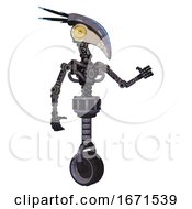Poster, Art Print Of Automaton Containing Bird Skull Head And Brass Steampunk Eyes And Head Shield Design And Light Chest Exoshielding And No Chest Plating And Unicycle Wheel Light Lavender Metal Interacting