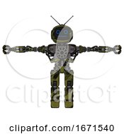 Robot Containing Digital Display Head And Blank Faced Expression And Retro Antennas And Heavy Upper Chest And No Chest Plating And Prototype Exoplate Legs Grunge Army Green T Pose