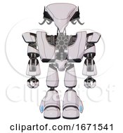 Poster, Art Print Of Android Containing Flat Elongated Skull Head And Cables And Heavy Upper Chest And Heavy Mech Chest And Light Leg Exoshielding White Halftone Toon Front View