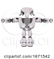 Poster, Art Print Of Android Containing Flat Elongated Skull Head And Cables And Heavy Upper Chest And Heavy Mech Chest And Light Leg Exoshielding White Halftone Toon T-Pose