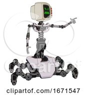 Poster, Art Print Of Mech Containing Old Computer Monitor And Angry Pixels Face And Red Buttons And Light Chest Exoshielding And No Chest Plating And Insect Walker Legs White Halftone Toon