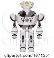 Poster, Art Print Of Bot Containing Flat Elongated Skull Head And Yellow Eyeball Array And Heavy Upper Chest And Chest Compound Eyes And Prototype Exoplate Legs White Halftone Toon Front View
