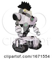 Poster, Art Print Of Bot Containing Bird Skull Head And Big Yellow Eyes And Crow Feather Design And Heavy Upper Chest And Chest Green Energy Cores And Tank Tracks White Halftone Toon Facing Left View