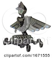 Droid Containing Grey Alien Style Head And Led Array Eyes And Alien Bug Creature Hat And Light Chest Exoshielding And Ultralight Chest Exosuit And Cherub Wings Design And Insect Walker Legs