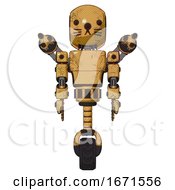 Poster, Art Print Of Automaton Containing Round Head And Light Chest Exoshielding And Prototype Exoplate Chest And Minigun Back Assembly And Unicycle Wheel And Cat Face Construction Yellow Halftone Front View