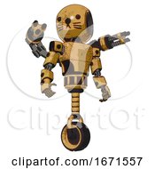 Poster, Art Print Of Automaton Containing Round Head And Light Chest Exoshielding And Prototype Exoplate Chest And Minigun Back Assembly And Unicycle Wheel And Cat Face Construction Yellow Halftone Hero Pose