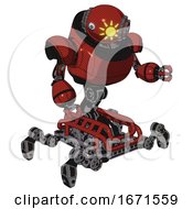 Poster, Art Print Of Bot Containing Oval Wide Head And Sunshine Patch Eye And Steampunk Iron Bands With Bolts And Heavy Upper Chest And Insect Walker Legs Cherry Tomato Red Fight Or Defense Pose