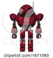 Poster, Art Print Of Cyborg Containing Oval Wide Head And Retro Antenna With Light And Heavy Upper Chest And Triangle Of Blue Leds And Prototype Exoplate Legs Fire Engine Red Halftone Front View