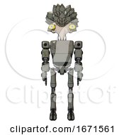 Poster, Art Print Of Mech Containing Bird Skull Head And Big Yellow Eyes And Bird Feather Design And Light Chest Exoshielding And Prototype Exoplate Chest And Ultralight Foot Exosuit Concrete Grey Metal Front View