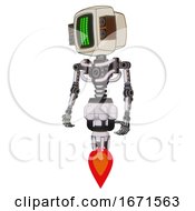 Robot Containing Old Computer Monitor And Three Lines Pixel Design And Old Retro Speakers And Light Chest Exoshielding And No Chest Plating And Jet Propulsion White Halftone Toon