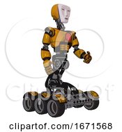 Poster, Art Print Of Cyborg Containing Humanoid Face Mask And Light Chest Exoshielding And Red Chest Button And Six-Wheeler Base Worn Construction Yellow Facing Left View