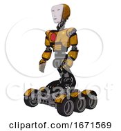 Poster, Art Print Of Cyborg Containing Humanoid Face Mask And Light Chest Exoshielding And Red Chest Button And Six-Wheeler Base Worn Construction Yellow Facing Right View