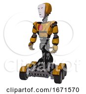 Poster, Art Print Of Cyborg Containing Humanoid Face Mask And Light Chest Exoshielding And Red Chest Button And Six-Wheeler Base Worn Construction Yellow Standing Looking Right Restful Pose