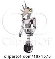 Mech Containing Bird Skull Head And Green Eyes And Light Chest Exoshielding And Ultralight Chest Exosuit And Unicycle Wheel White Halftone Toon Facing Right View