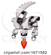 Poster, Art Print Of Mech Containing Flat Elongated Skull Head And Heavy Upper Chest And Heavy Mech Chest And Jet Propulsion White Halftone Toon Standing Looking Right Restful Pose