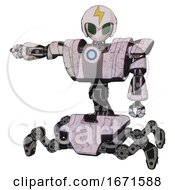 Robot Containing Grey Alien Style Head And Led Array Eyes And Lightning Bolts And Helmet And Heavy Upper Chest And Heavy Mech Chest And Blue Energy Fission Element Chest And Insect Walker Legs