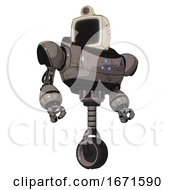 Poster, Art Print Of Droid Containing Old Computer Monitor And Retro-Futuristic Webcam And Heavy Upper Chest And Triangle Of Blue Leds And Unicycle Wheel Light Pink Beige Hero Pose