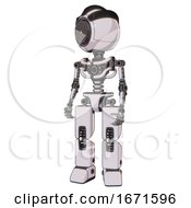 Poster, Art Print Of Bot Containing Green Dot Eye Corn Row Plastic Hair And Light Chest Exoshielding And No Chest Plating And Prototype Exoplate Legs White Halftone Toon Standing Looking Right Restful Pose